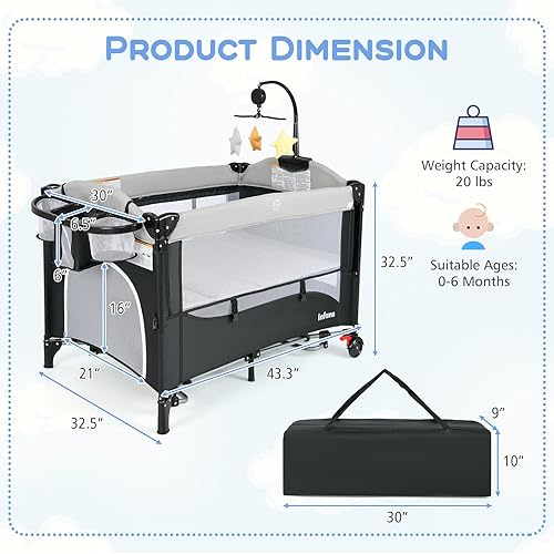 Miniatura 9 de INFANS Pack and Play, cuna portátil 5 en 1 con moisés, cambiador de pañales, colchón, bolsa de transporte, caja de música, juguetes colgantes, cuna