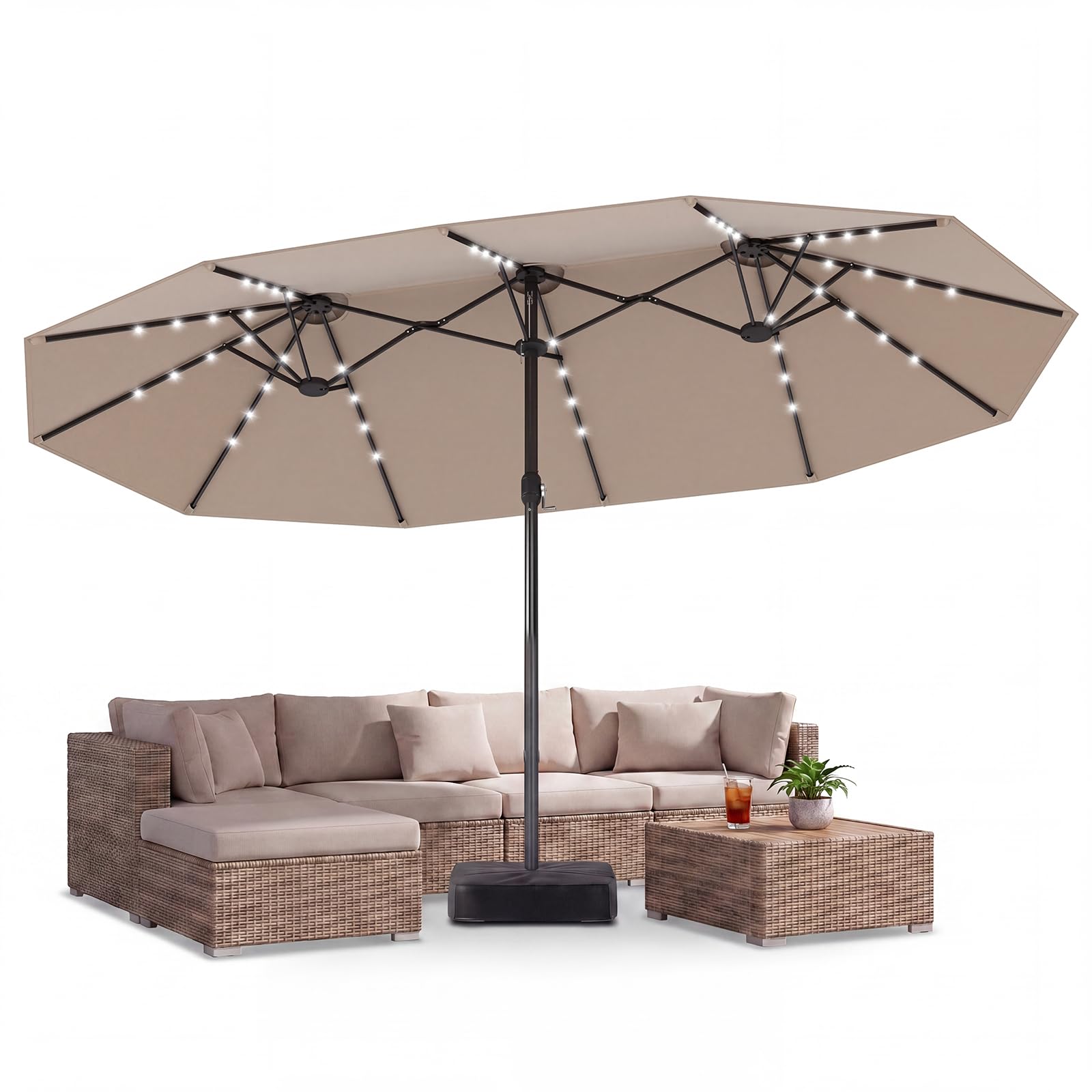 GOPLUS Parasol de Jardin Exterieur avec Pied, 4,7x2,8M Grand Parasol Double Face avec LED Solaires, Manivelle, 12 Baleines, Protection Solaire, pour Terrasse Patio Marché, Beige