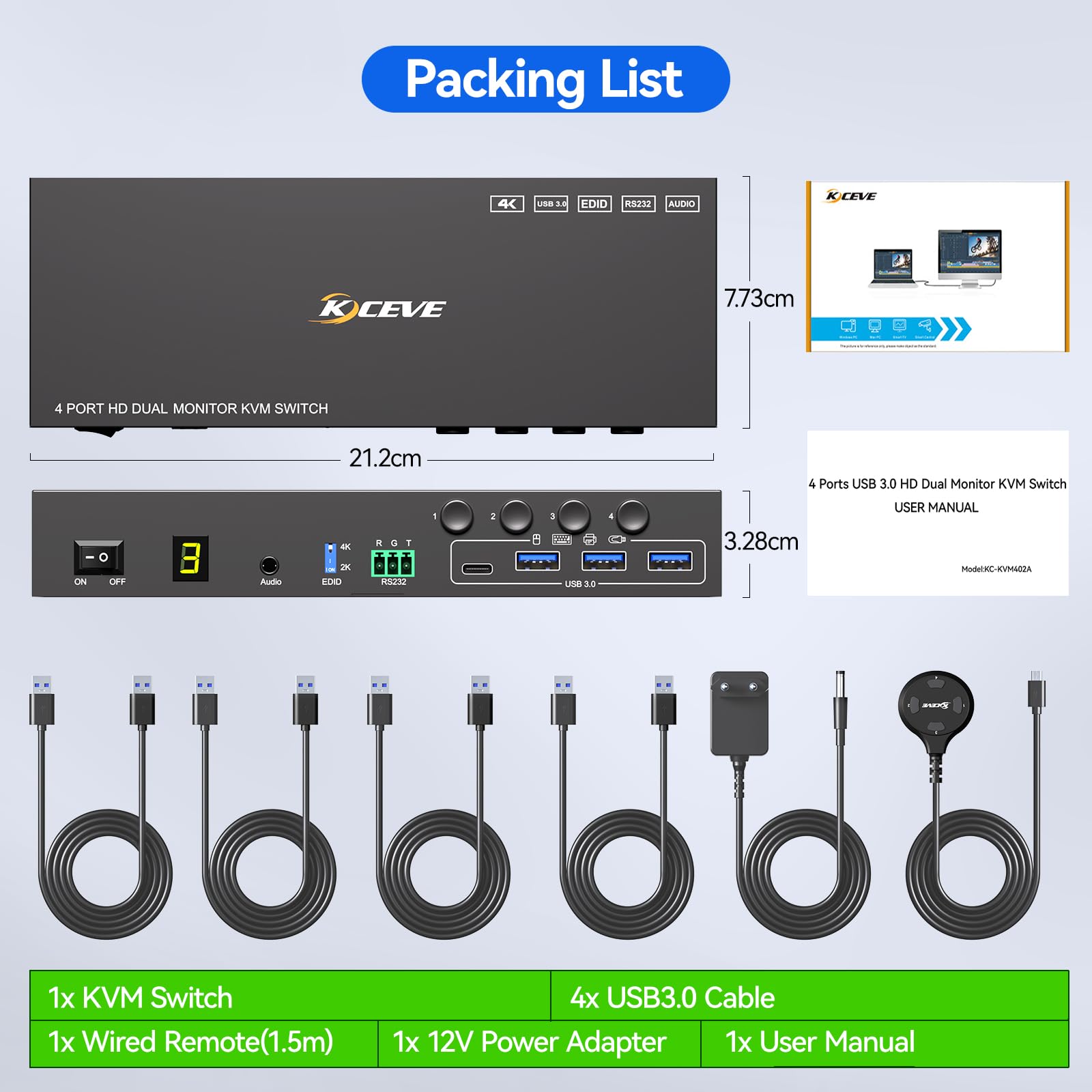 4 Port HDMI KVM Switch 4 PC 2 Monitor 4K@60Hz Simulazione EDID, Switch KVM Dual monitor con 4 Porte USB 3.0 per Periferiche USB, Audio, RS232, con Telecomando Cablato, Alimentatore 12V e 4 Cavi USB