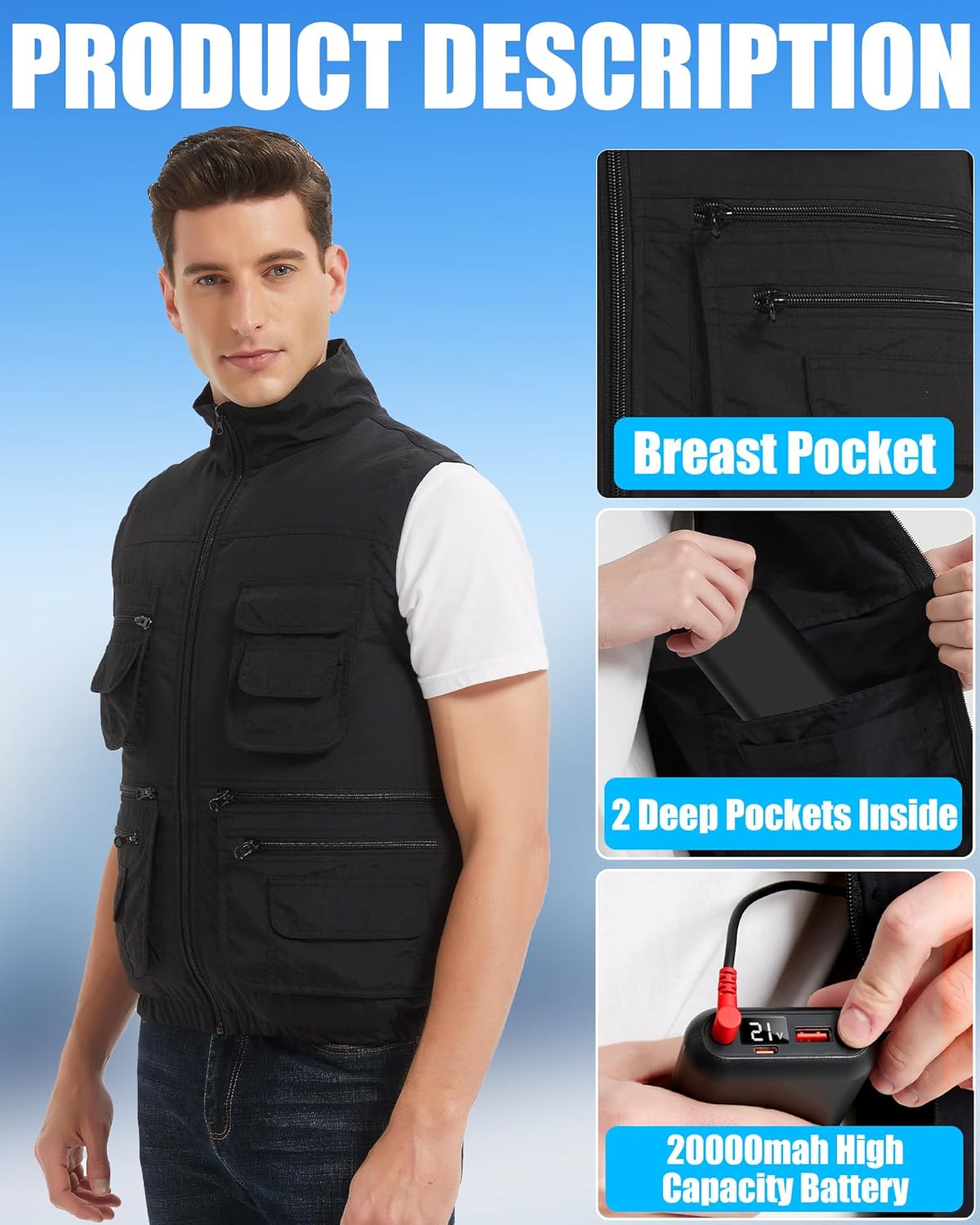 Cooling Vest Jacket with 2 Fans - Men and Women 21V Air Conditioner Lightweight Vests, With 20000mAh Battery - Image 9