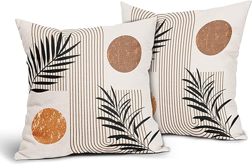 Miniatura 2 de Juego de 2 fundas de almohada bohemias de mediados de siglo de 18 x 18 pulgadas, fundas de almohada bohemias abstractas geométricas con hojas,