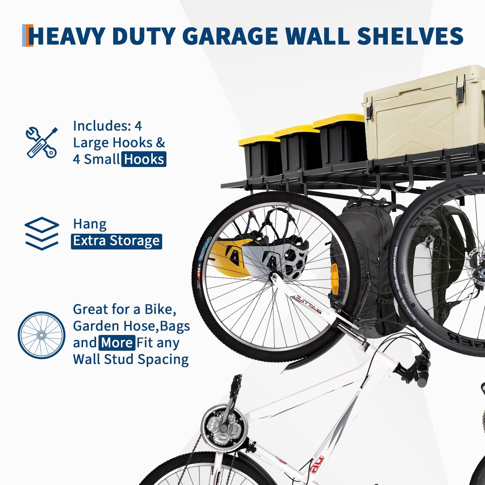 Lot de 2 étagères murales haute résistance pour garage – Étagère de rangement murale 60x120 cm (2x4 pi) avec crochets, système d'organisation mural pour garage – Chaque étagère supporte 90 kg/200 lbs
