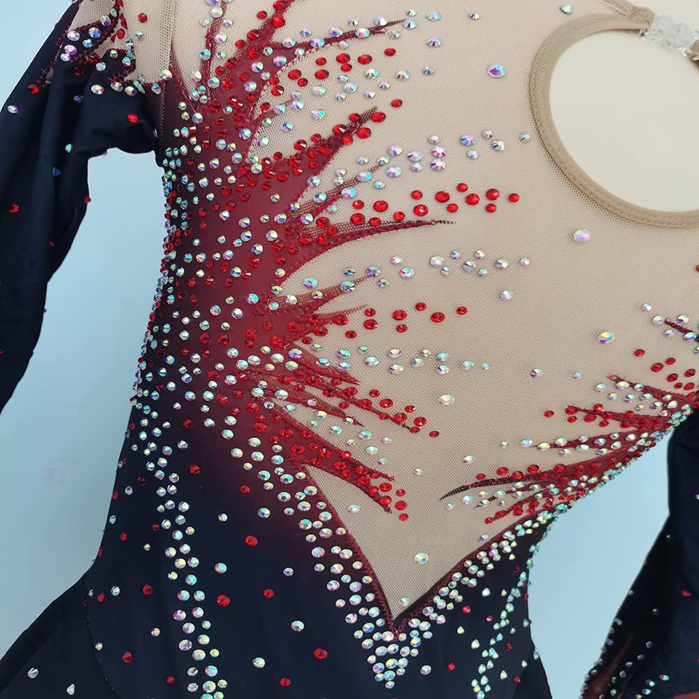 Figure Skating Dress Round Neck Red Diamondst Hook Finger Girls Show Competition