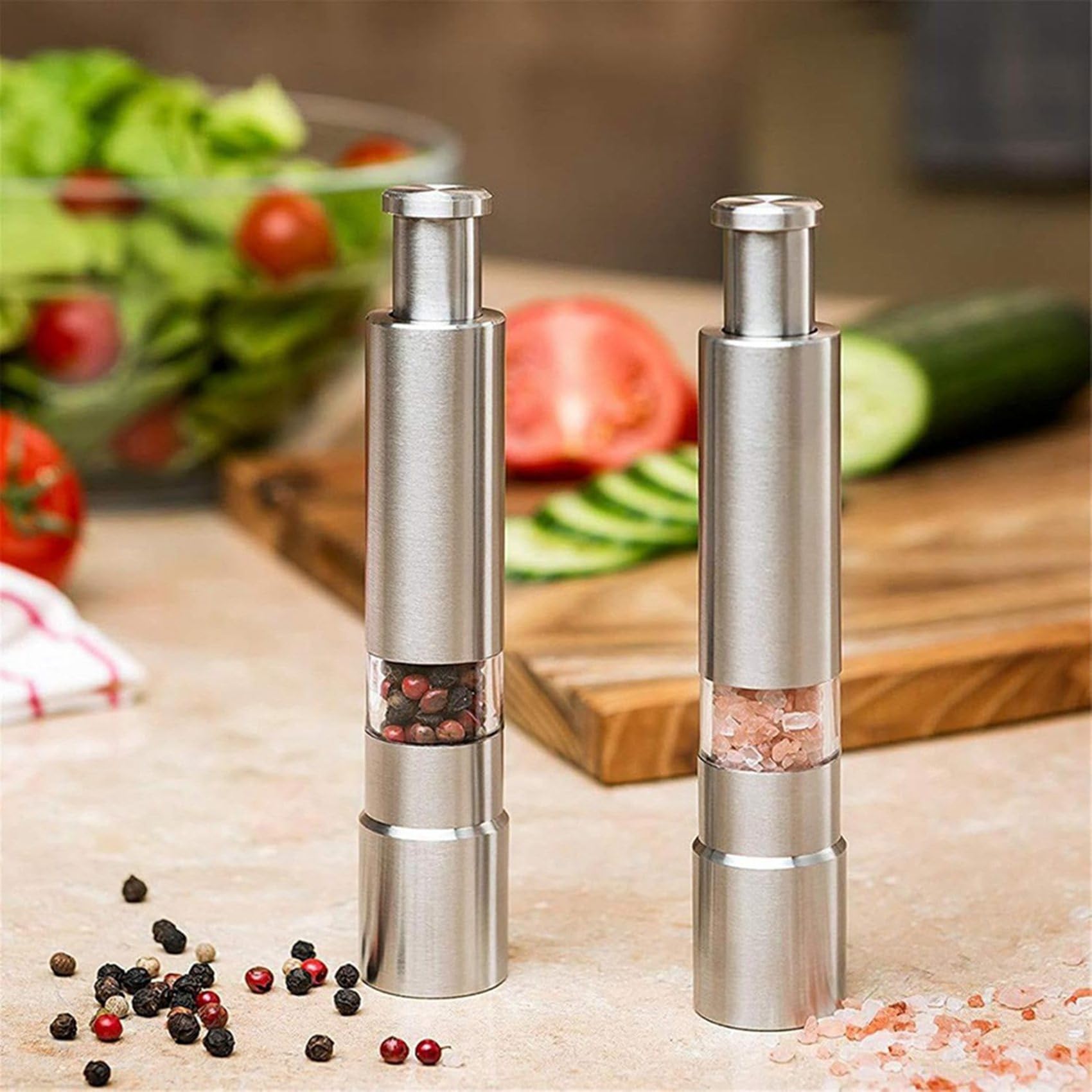 10-Teiliges Manuelles Salz- und Pfeffermühlen-Set, Edelstahl-Druckknopfmühle, Daumenmühle für Schwarzen Pfeffer, Meersalz