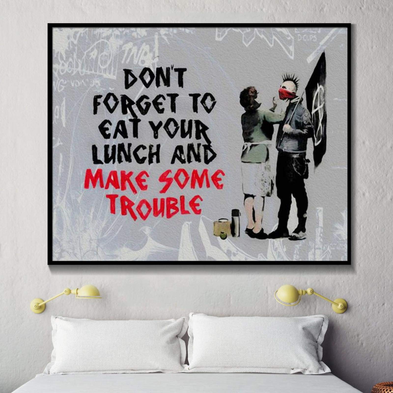Xiangpeifbh With Frame Banksy Don't Forget To Eat Your Lunch And Make Some Trouble Canvas Wall Art Print Wall Art Posters And Prints Decor 70X80cm(28X31in) Inner Frame