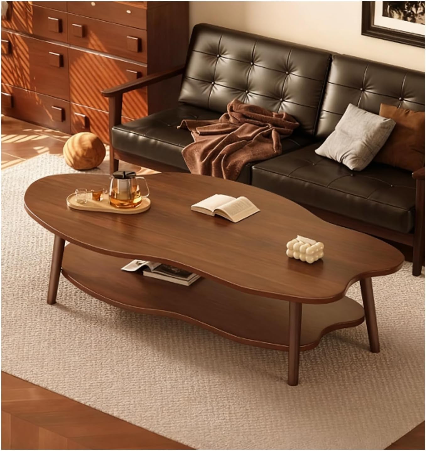 2 Tier Cloud Shape Wooden Coffee Table with Storage, Modern Irregular Center Table，Easy Assembly for Living Room, Bedroom, Apartment, Balcony(80x40x60cm/32x16x24in)
