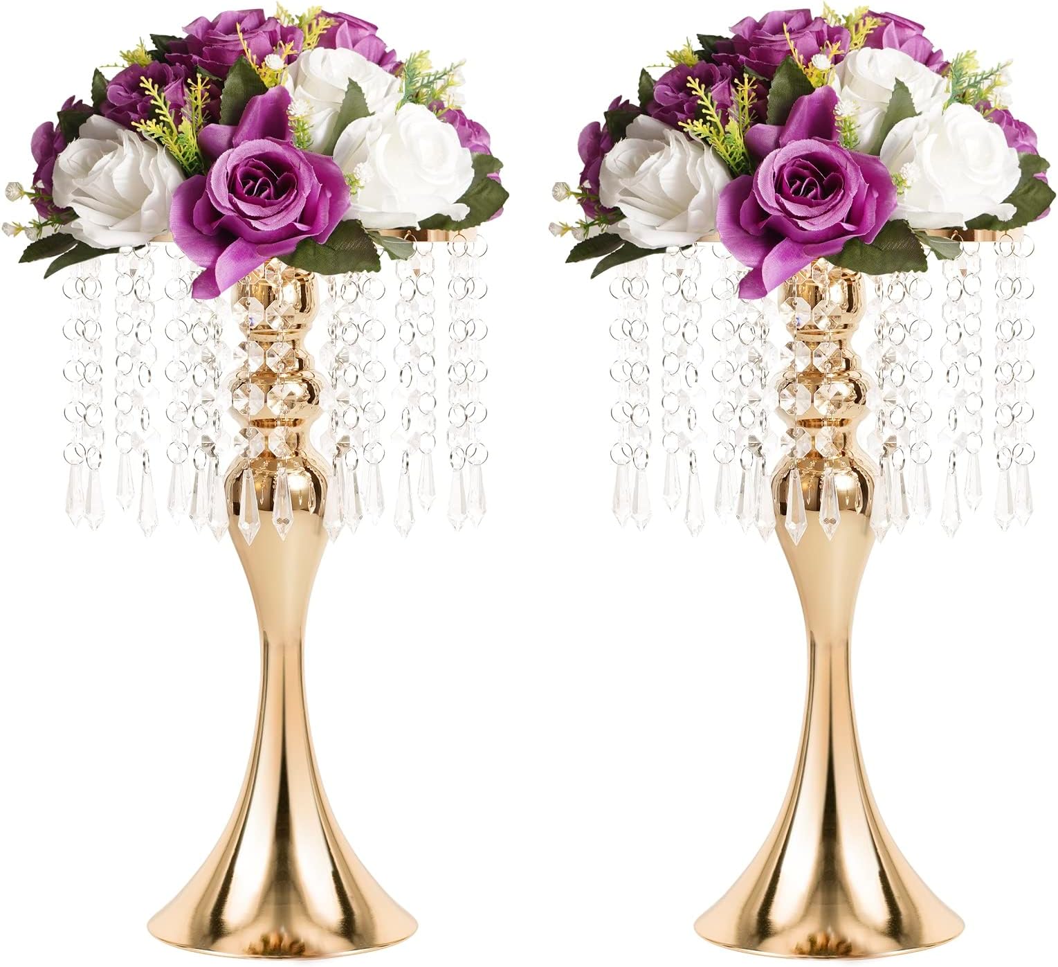 12.99in Metal Gold Vases for Centerpieces - 2Pcs Crystal Flower Stand