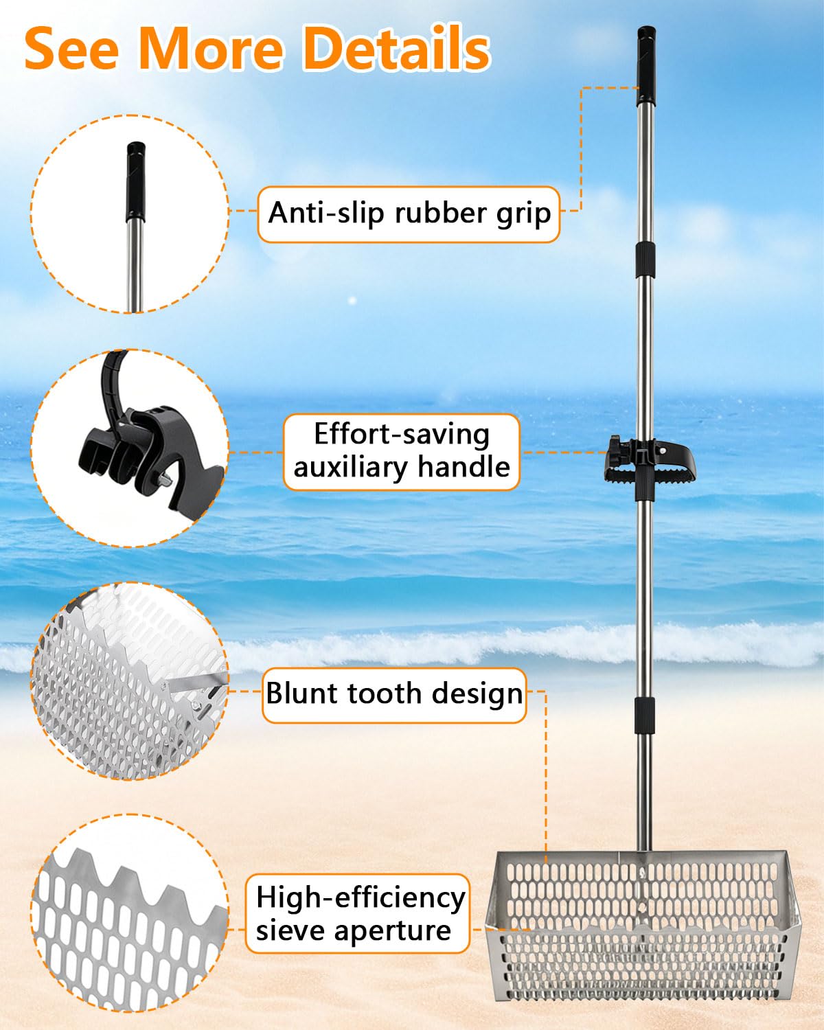 Edelstahl Strand Sandsieb Mit Rutschfestem Griff, Abnehmbarem 170 cm Langen Sandrechen Griff, 20×40cm Korb, Edelstahl 304, für Strand Camping/gemeinsame Aktivitäten mit Kindern