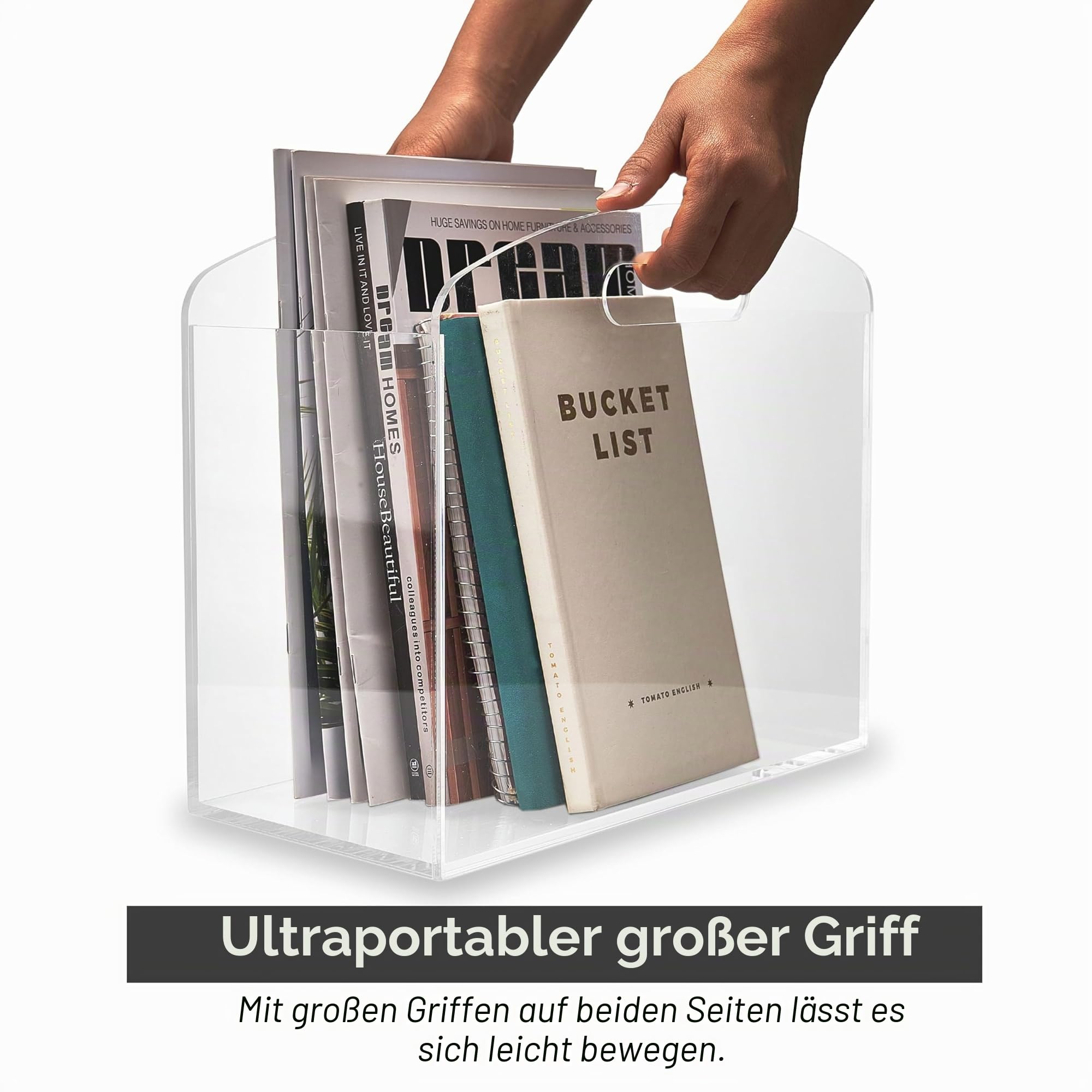 Zeitungsständer modern - durchsichtiger Zeitschriftenständer aus Acryl, transparenter Zeitschriftenhalter mit Griffen, Magazinhalter, Zeitungskorb, Zeitschriften Aufbewahrung