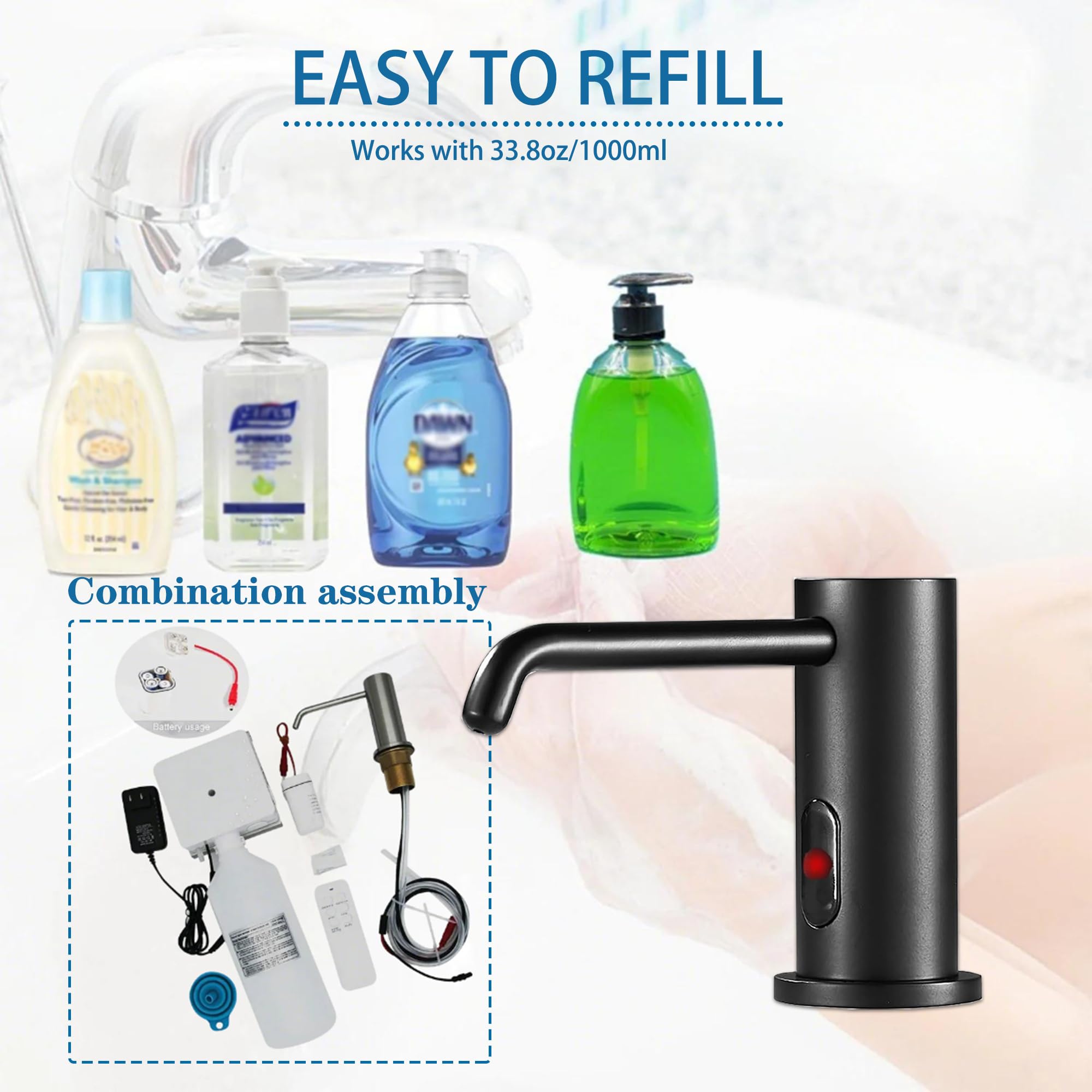 Automatischer Seifenspender Touchless für Küche, integrierter elektrischer Seifenspender für Badezimmer, aktualisierte Infrarot-Sensoren mit Flasche und elektrolytischer Pumpe, 1000 ml (Schwarz)
