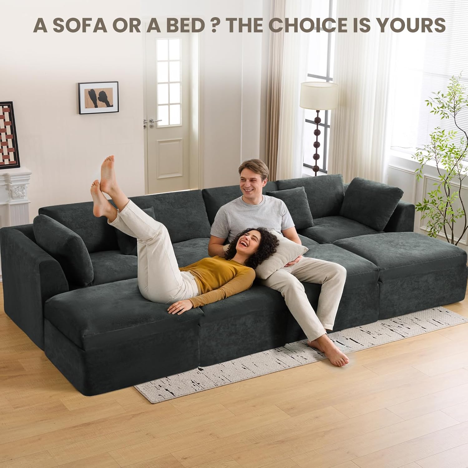 Modular Loveseat Sofa Bed with Ottomans, Fully Compressed Modular Sofa Bed, No Assembly Boneless Modular Couch for Living Room (Grey)
