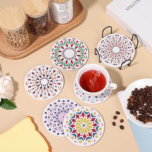 Vista 37 de Acejoz Posavasos con soporte, juego de 6, diseño de terrazo, cerámica, redondo, 4 pulgadas Patrón de terrazo