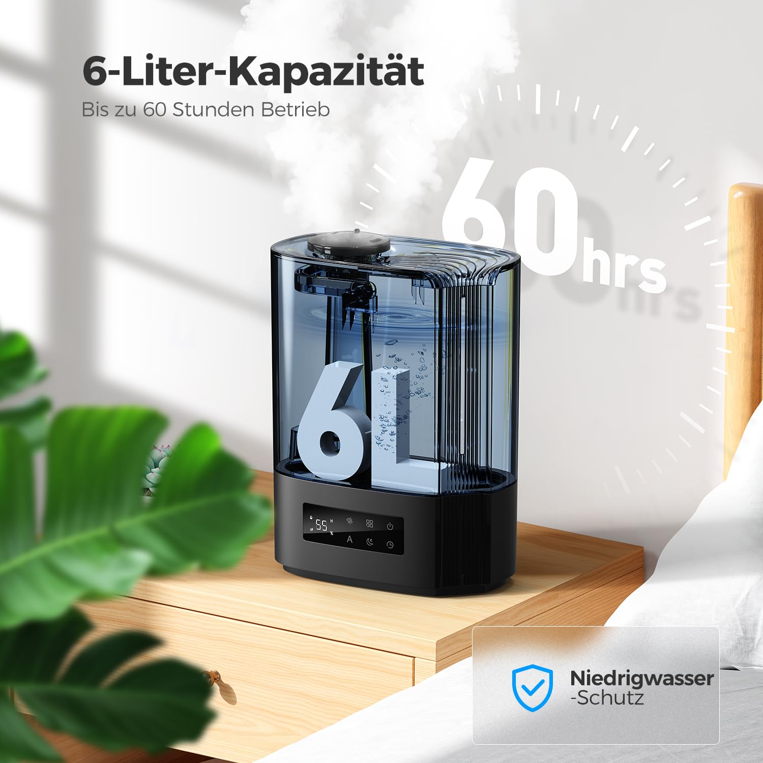 AROEVE 6L Luftbefeuchter Ultraschall Top-Fill Aroma Diffusor 60h leise intelligente Luftfeuchtigkeitskontrolle Schwarz