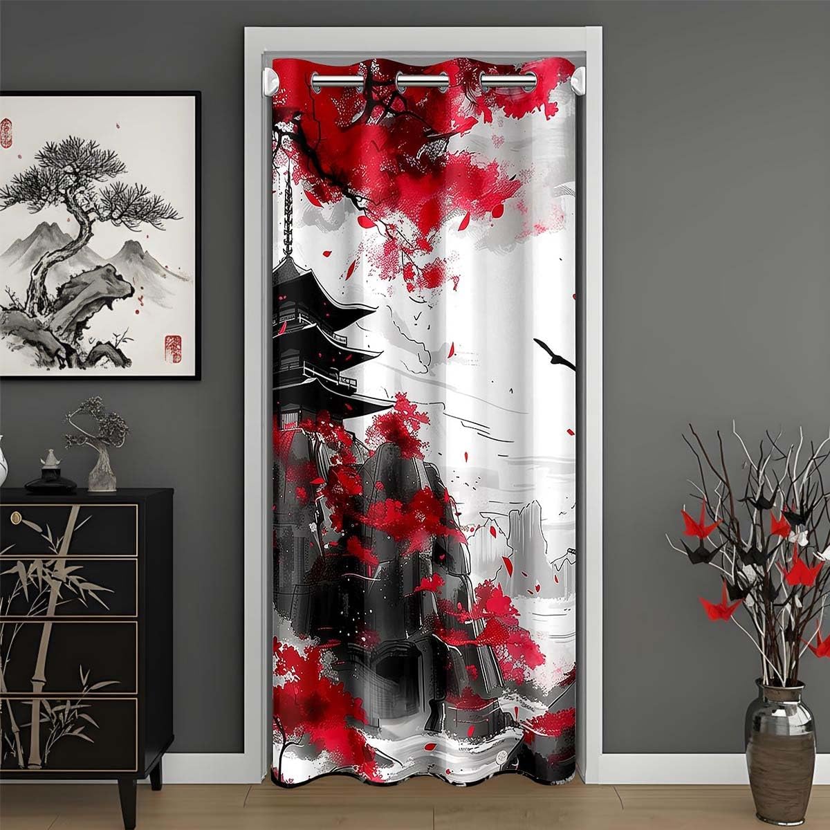 jejeloiu Black Japanese Style Door Curtain for Doorway Privacy Wave Closet Cover Ocean Wave Room Divider Curtain 59" x 80" Sunset Bedroom Living Room Window Treatments