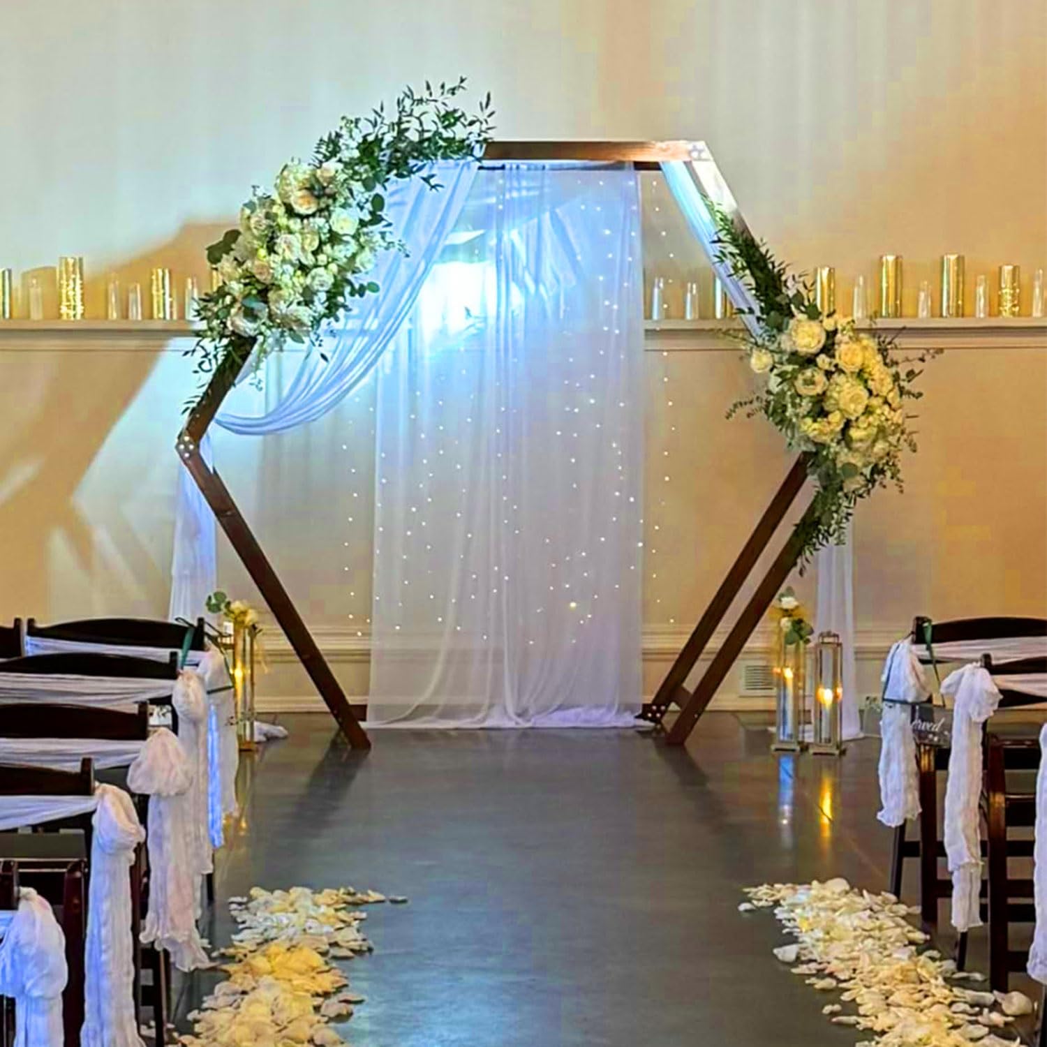 Sechseckiger Hochzeitsbogen aus Holz, Naturholz, rustikales modernes Design, perfekt für Hochzeiten im Innen- und Außenbereich, Party, Garten, Strand, Wald, rustikales Boho-Dekor