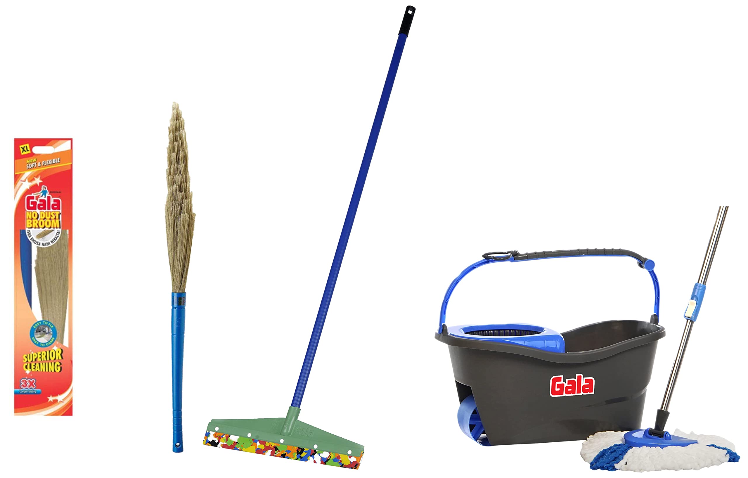 Gala Turbo Spin Mop with 2 Refills (Grey and Blue), 4 Pcs&Gala No Dust Floor Broom XL (Modular,1 Piece)&Gala Floor Wiper (Multicolour)