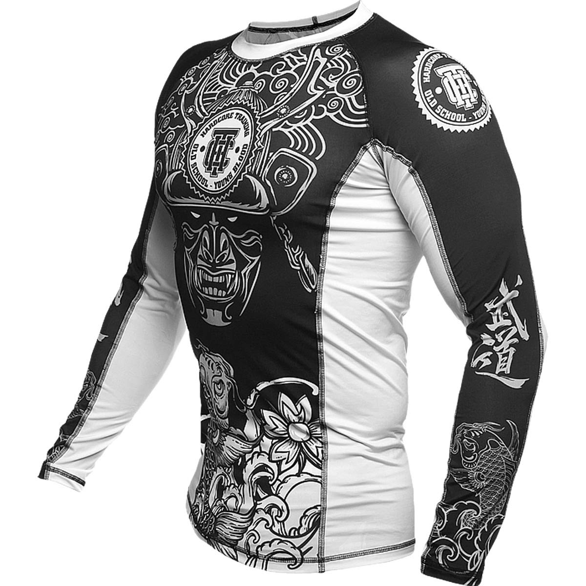 Hardcore Training Rash Guard Mężczyźni Kompresja Koszulka Długi Rękaw BJJ MMA No-Gi Obcisła Grappling Boks (DE/NL/SE/PL, Alfa, XL, Regularny, Regularny, Multicoloured/White)