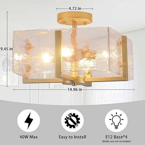 Miniatura 3 de Lámpara de techo de montaje empotrado dorada, 4 luces de latón vintage semiempotrado para pasillo, vestíbulo, moderna lámpara cuadrada de vidrio