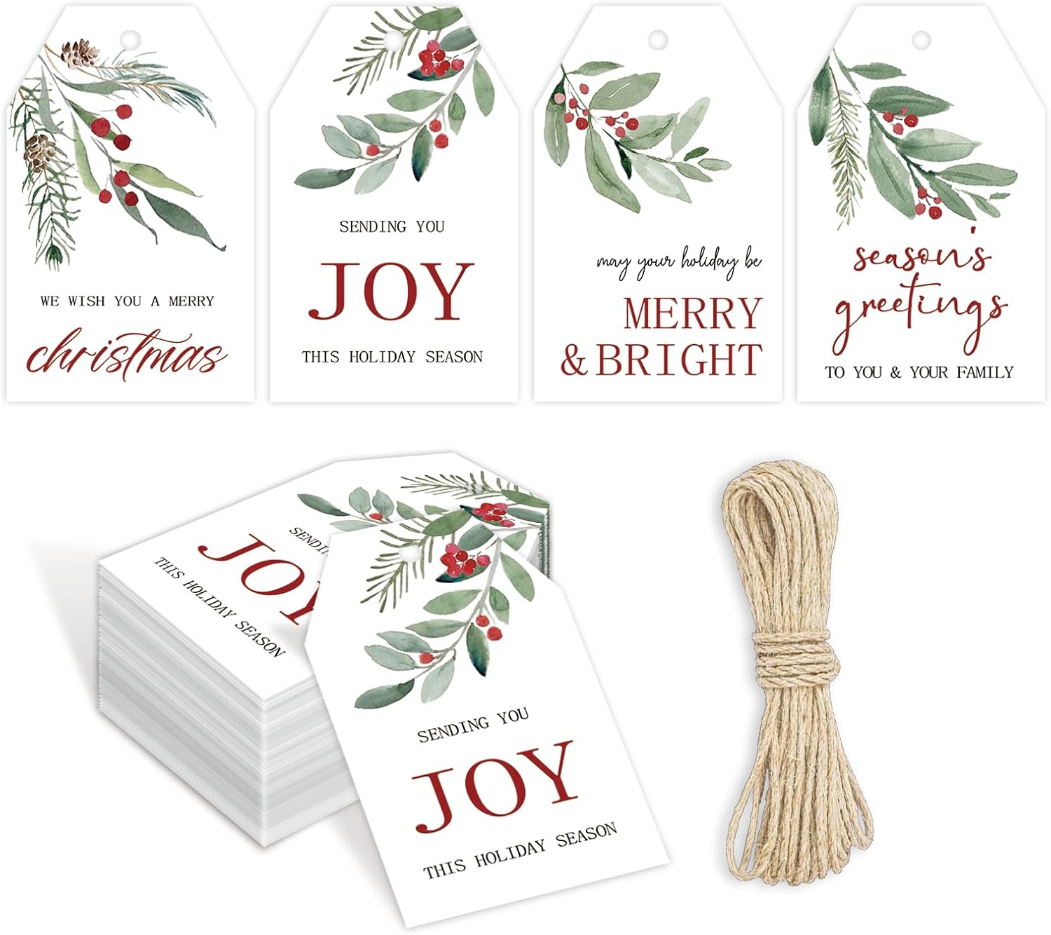 100 Pcs Merry Christmas Gift Tags Happy Holidays Paper Tag Watercolor Holly Xmas Hanging Label Tags with Hemp Rope for Xmas Season Gift Wrapping DIY Crafts, 4 Designs