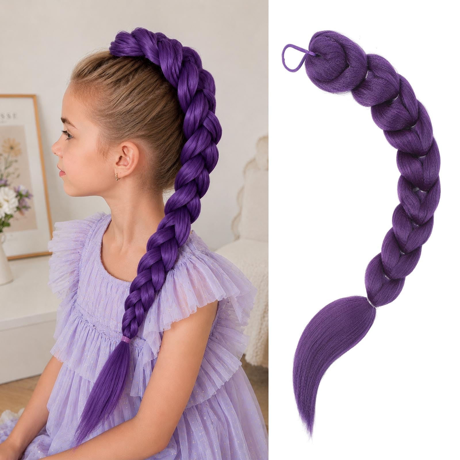 Photo 1 of Braid Ponytail Extensions with Hair Ties Purple 24 Inch Braided Ponytail Hair Pre Braiding Hair Extensions for Halloween Costume Cosplay (Dark Purple)