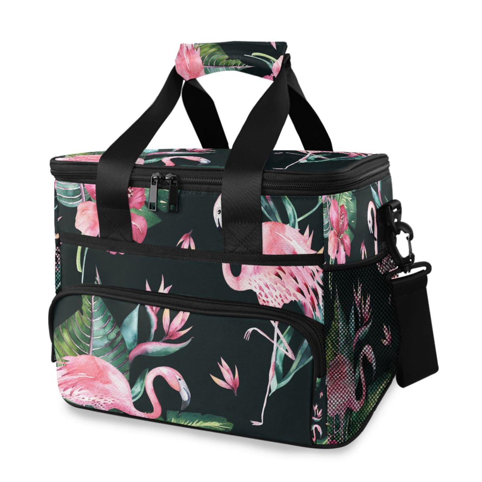 Bolsa térmica con diseño de hojas de palmera de flamenco rosa en color negro, bolsa térmica grande para picnic, lonchera reutilizable, bolsa de mano portátil de lados suaves, enfriador de playa,