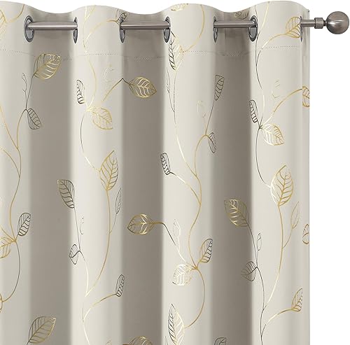Miniatura 13 de BUHUA Cortinas de bloqueo de calor, cortinas opacas de 45 pulgadas de largo, 2 paneles burg, cortinas insonorizadas con estampado de hojas doradas