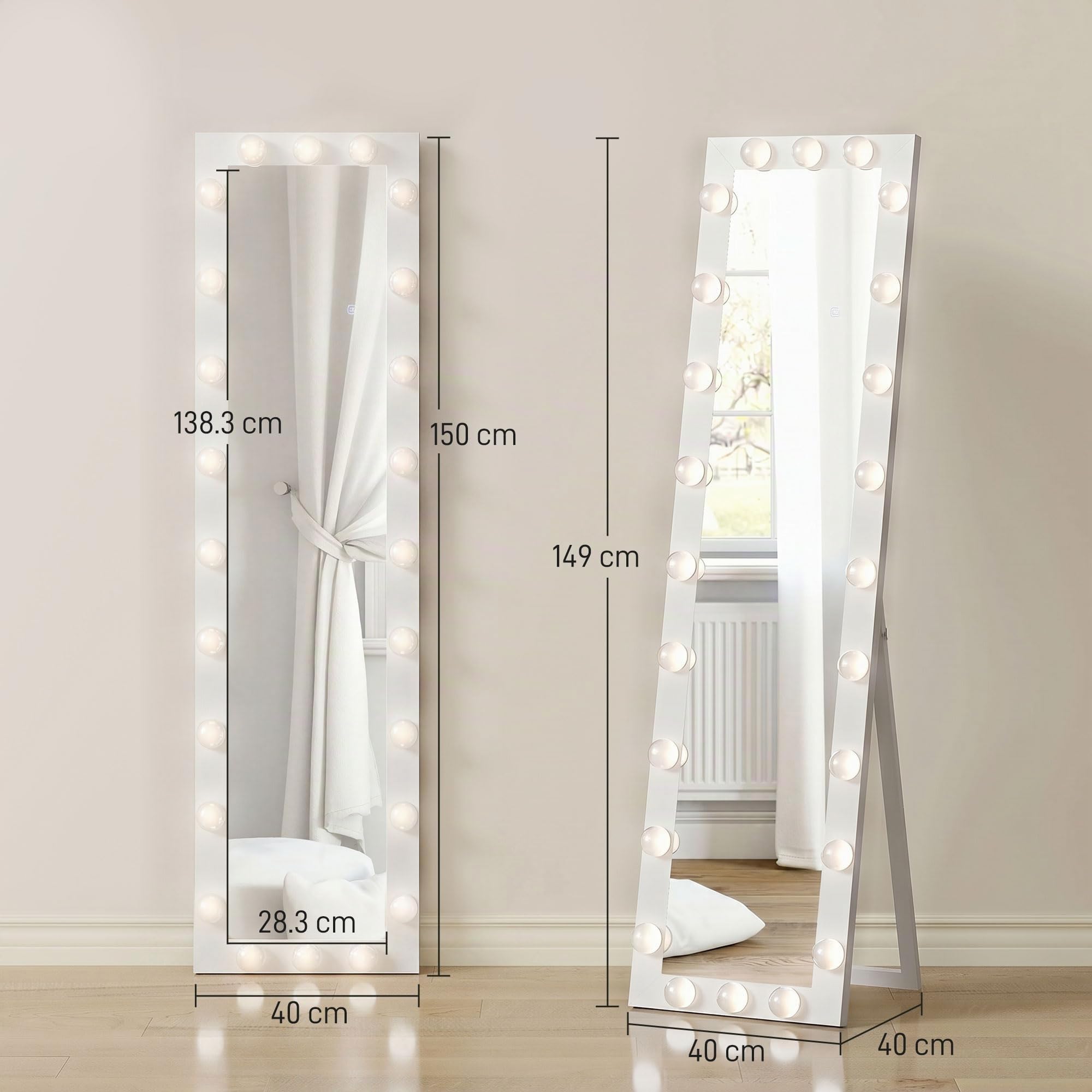 HOMCOM Miroir sur pied LED sur toute la longueur, 150 x 40 cm, avec 24 ampoules, 3 couleurs de lumière, à intensité variable, avec interrupteur tactile, fonction mémoire, miroir inclinable, pour