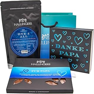 Hallingers Genuss Manufaktur Geschenkkorb Geschenkset Vatertag – Feinkost Mix mit Schokolade Pralinen & Gewürze Rub, in edler Geschenktasche, besonderes Premium Gourmet Geschenk für Papa, "Bag Blue"
