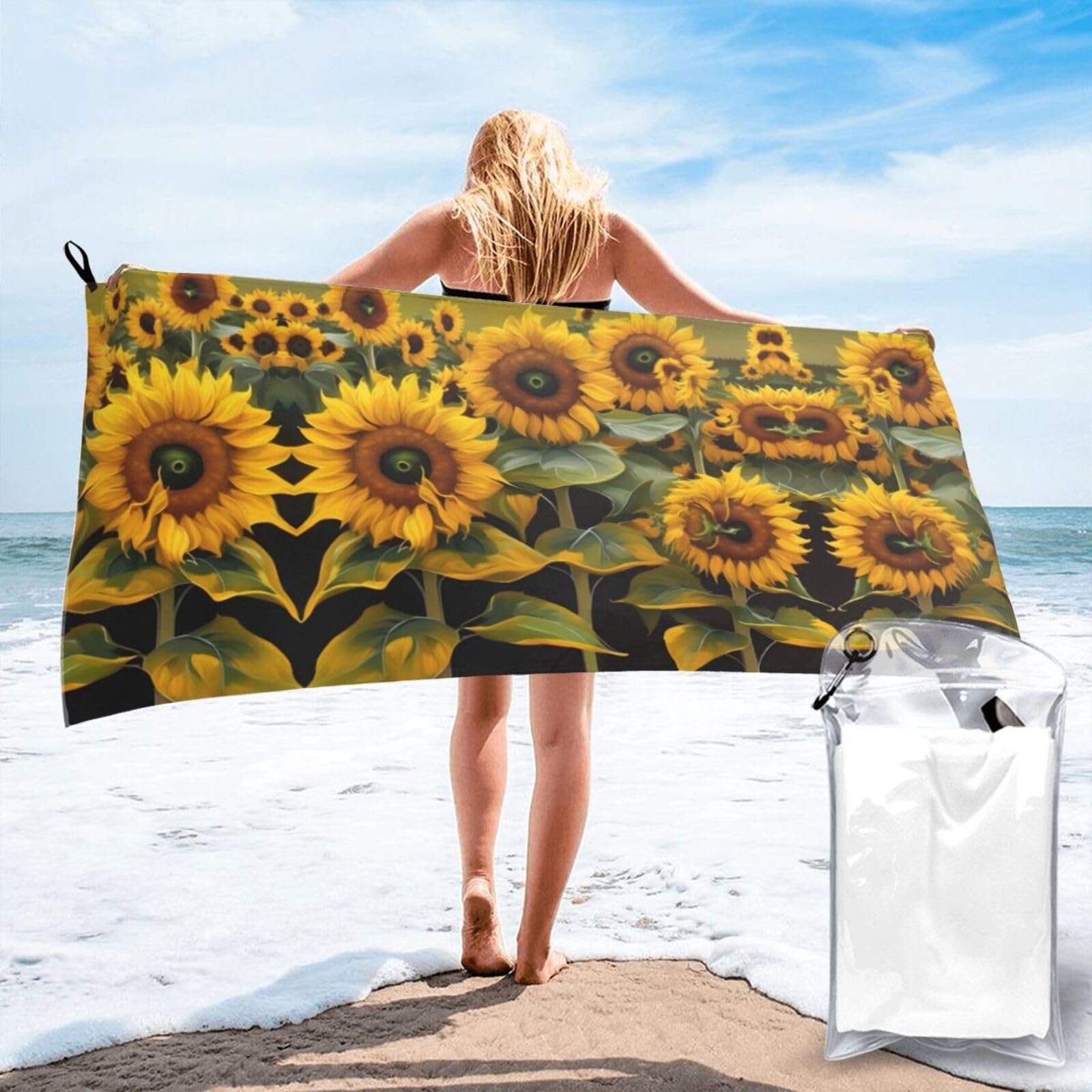 Jiuty White Sunflowers Print Fast Dry Beach Towel Portable For Swimming Travel Gym Hiking Gift