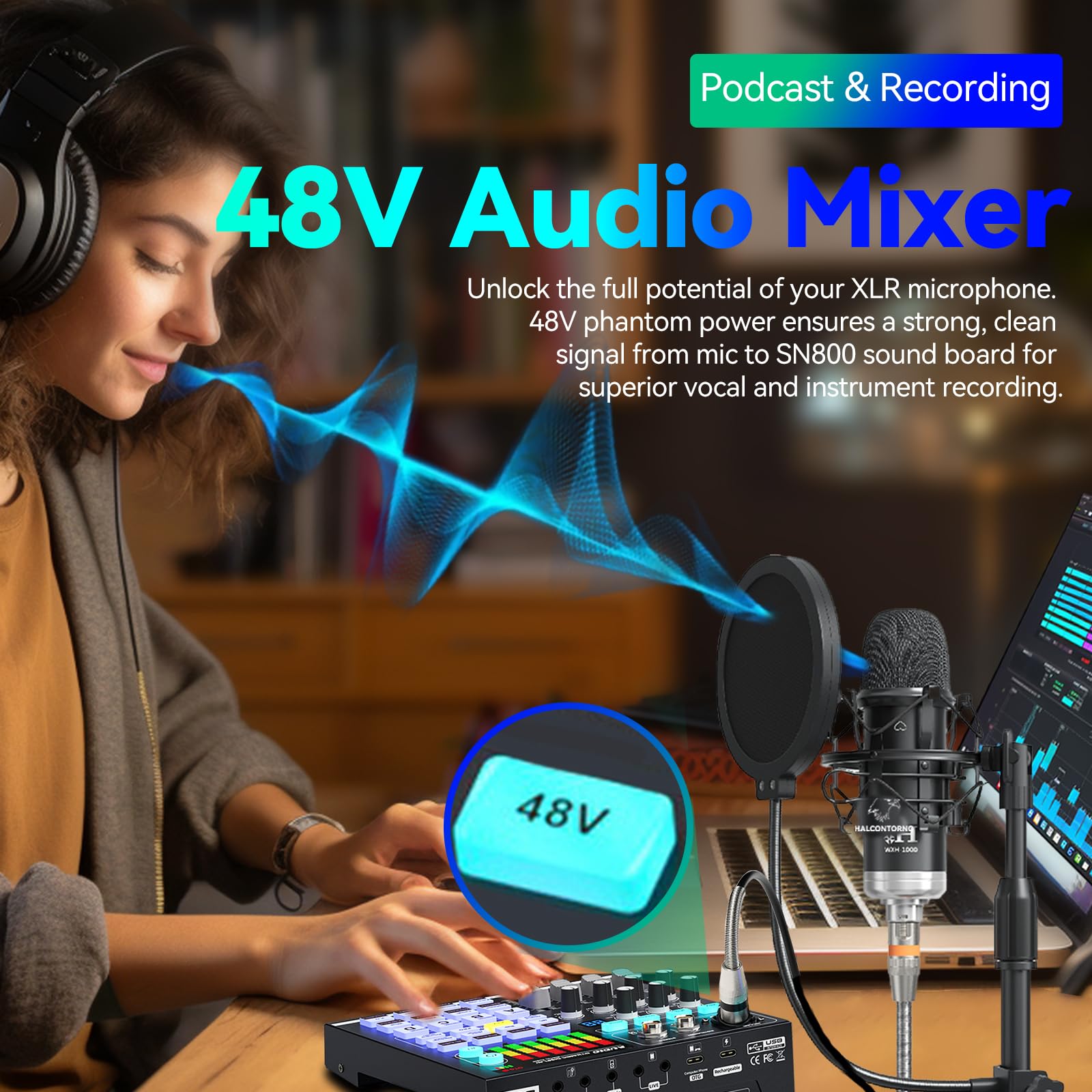 Scheda audio, mixer audio DJ con DSP, ingresso XLR, batteria integrata, scheda effetti sonori per live streaming, podcasting