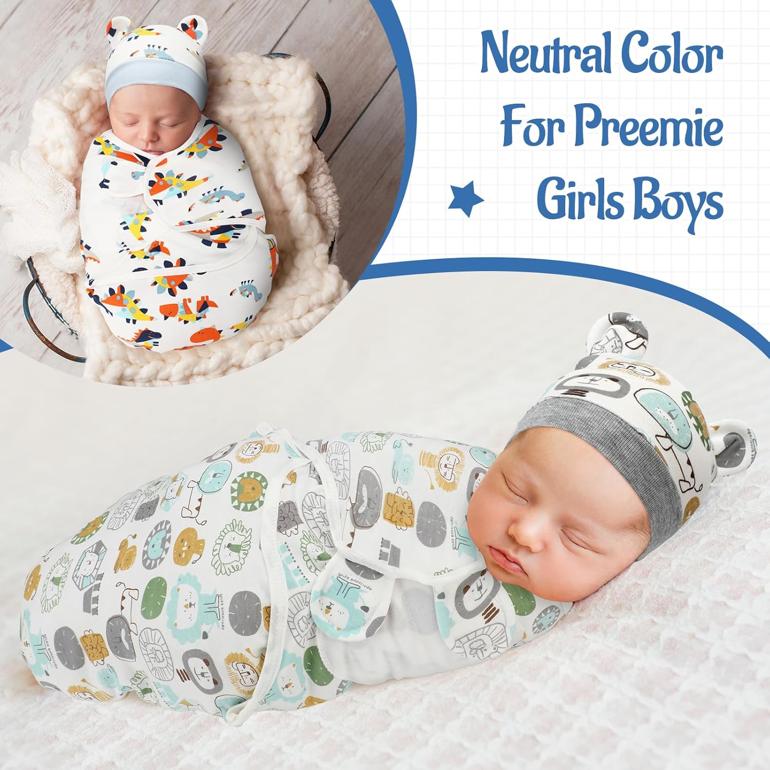 Buryeah 4 Pack Preemie Swaddle Blanket Wrap Set with Hat for Baby Boys Girls 3-7 Lbs Preemie Newborn Clothes Sleepers Cap