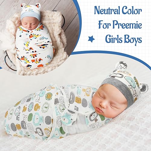 Miniatura 5 de Buryeah Paquete de 4 mantas con gorro para bebés niños y niñas prematuros para bebés y niñas prematuros para bebés de 3 a 7 libras, Bonito estilo.