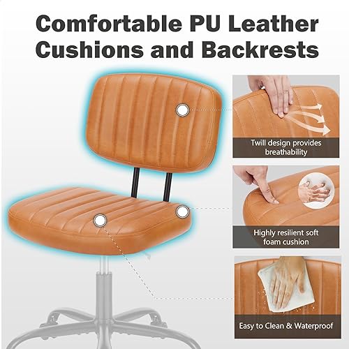 Miniatura 16 de DUMOS Silla ejecutiva pequeña de escritorio para el hogar sin brazos con soporte lumbar de respaldo bajo, silla de oficina de piel sintética Beige