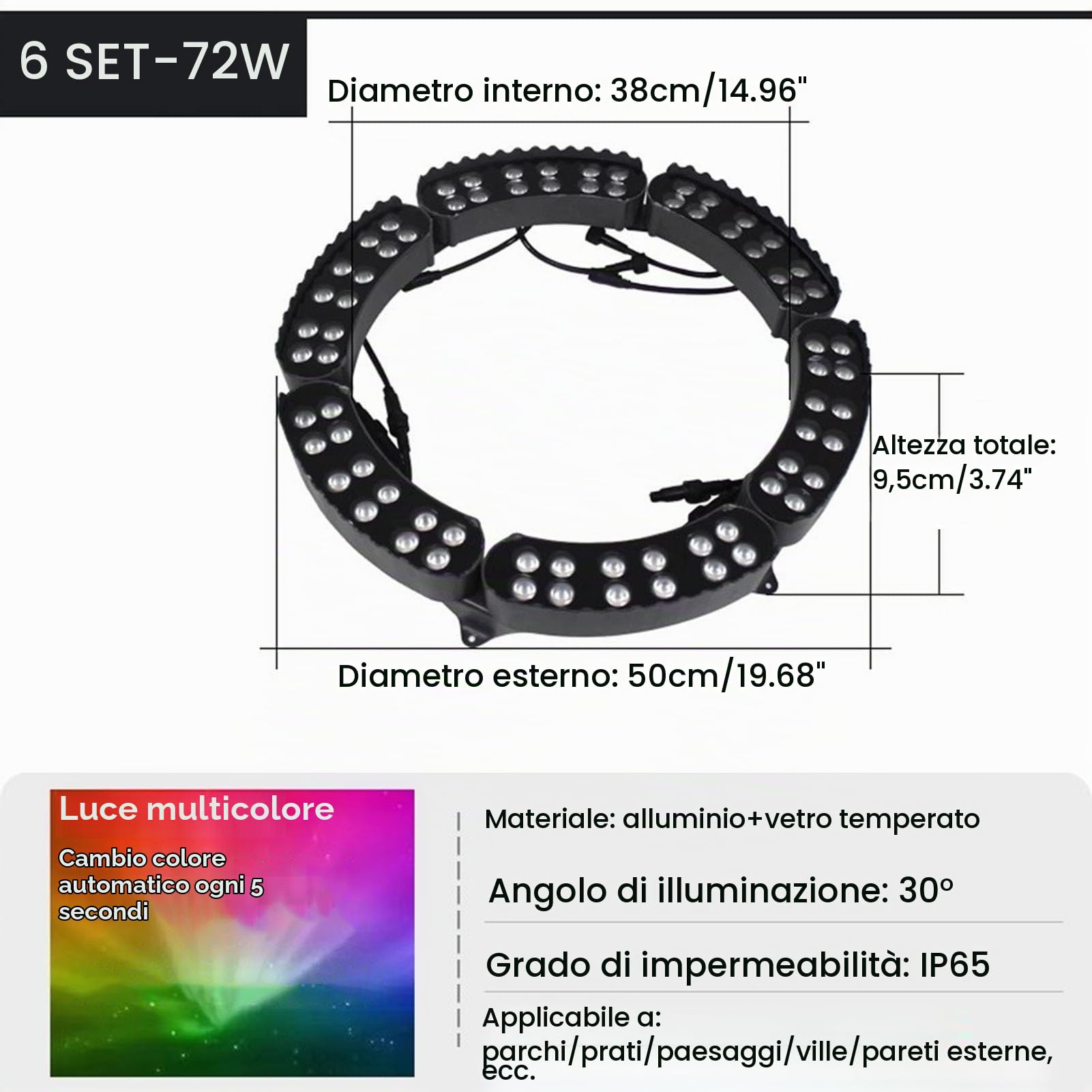 Luce dell'albero dell'anello all'aperto Luce circolare per alberi di palma da esterno a 7 colori, cambio colore automatico in 5 secondi, AC220V, faretto LED da giardino(6 SETS)