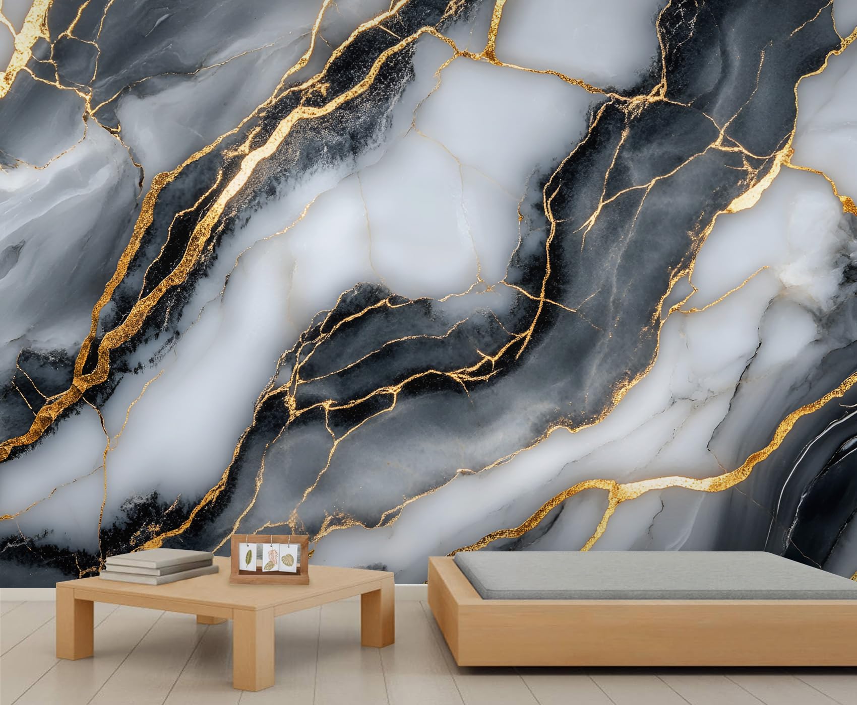 Black Marble Texture 3D Wall Murals Wallpaper, Abstract Golden Cracks Wall Poster Murals, Wall Painting Art Wallpaper for Living Room and Bedroom Home Decor 98.4" W x 68.9" H