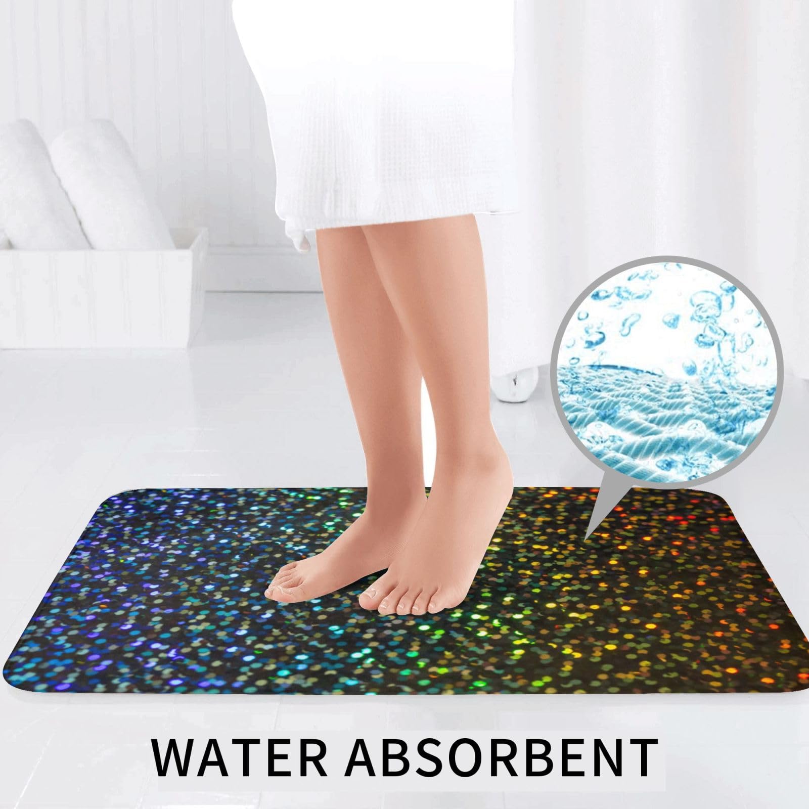 OUSIKA Set di 3 tappetini da bagno con sfondo arcobaleno glitterato stampato, tappetino per contorno, tappetino assorbente, copriwater per il bagno