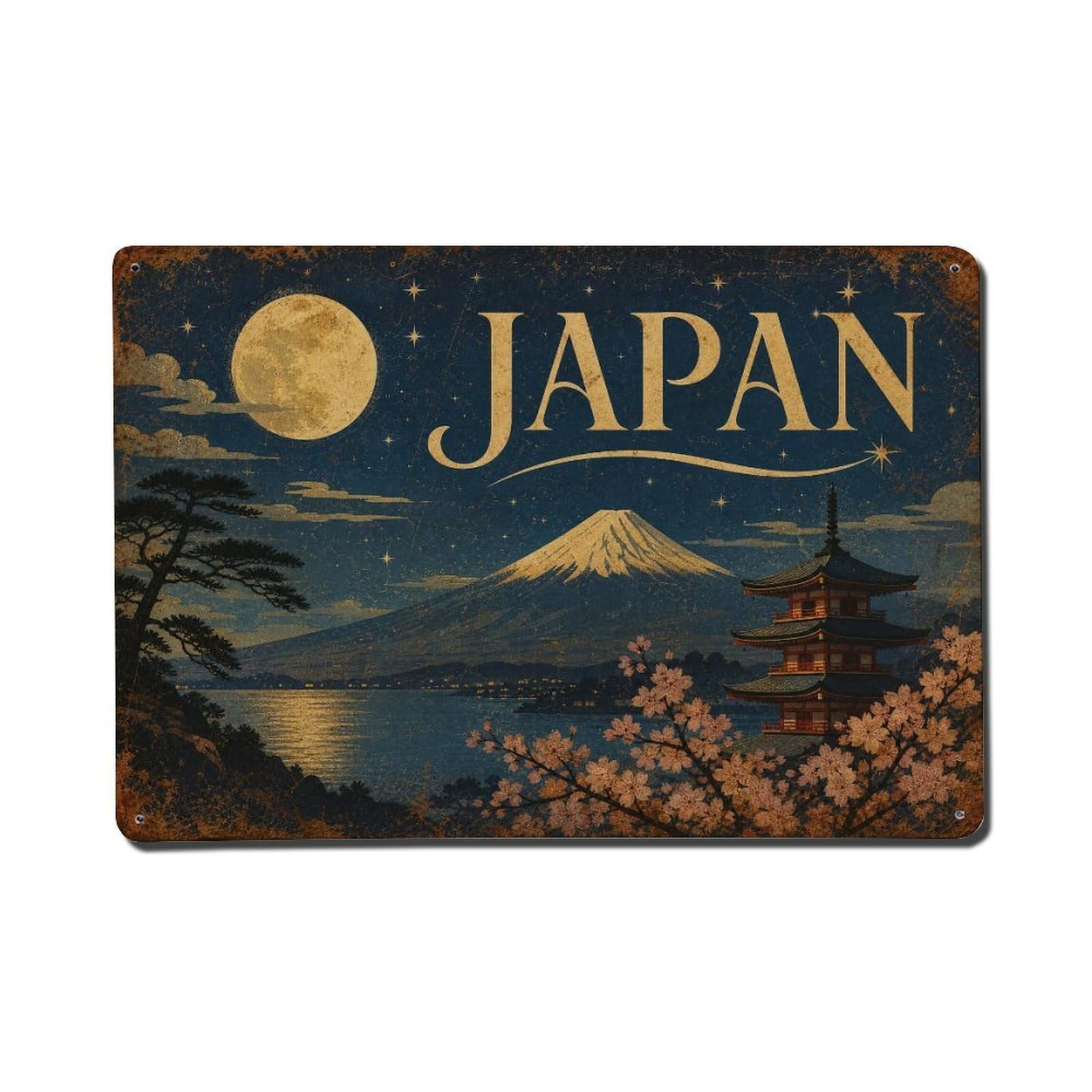 Huiyhb 8X12inch(20X30cm) Vintage Travel Japan Moonlit Metal Tin Sign