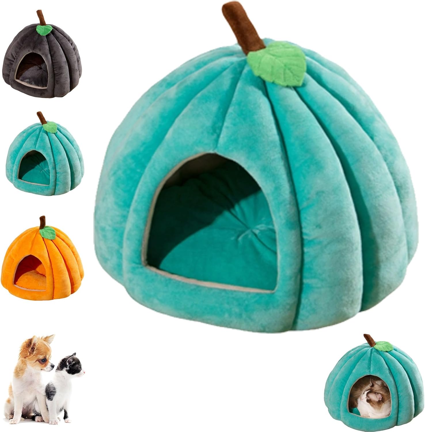 Pumpkin Cat Bed, 2025 Cute Pumpkin Shape Cat Cave, Puppy House for Cats Small Dogs (Peacock Blue, L)