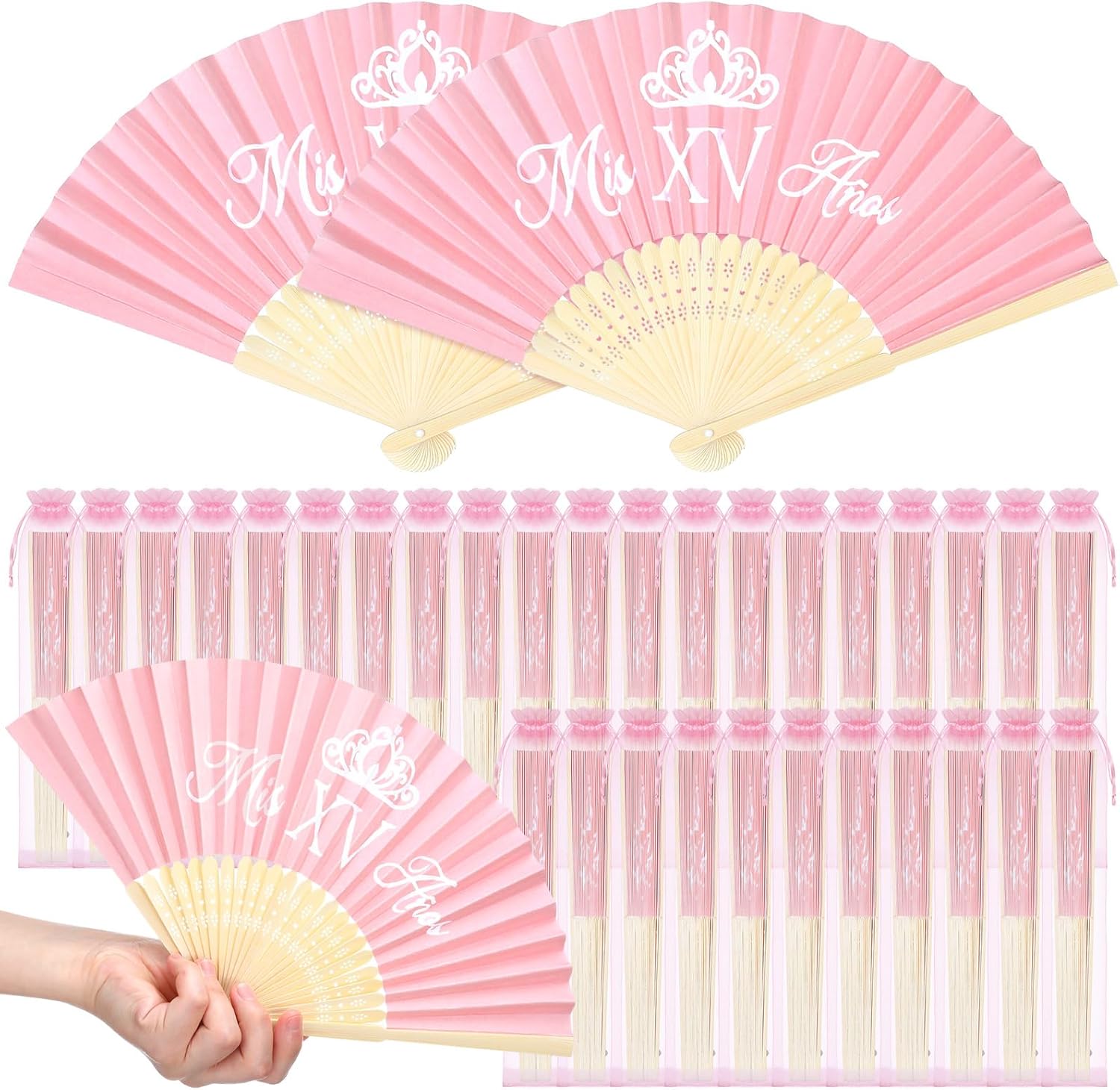 Weysat 36 Pcs Recuerdos para 15 Años Quinceañeras Quinceanera Decorations Quinceanera Party Favors for Guests Hand Folding Fans with Organza Bags Gift for Birthday Wedding(Pink,Classic)