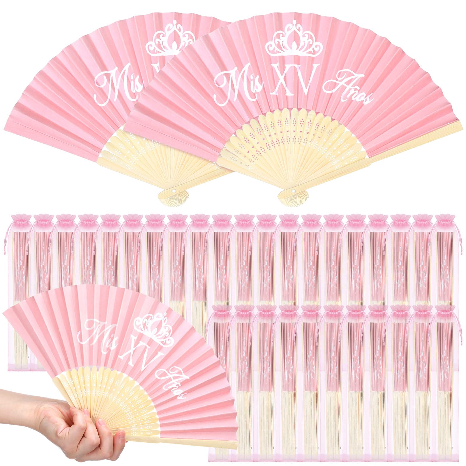36 Pcs Recuerdos para 15 Años Quinceañeras Quinceanera Decorations Quinceanera Party Favors for Guests Pink Hand Folding Fans with Organza Bags Mis Quince Gift for Birthdays Wedding Pajamas Party