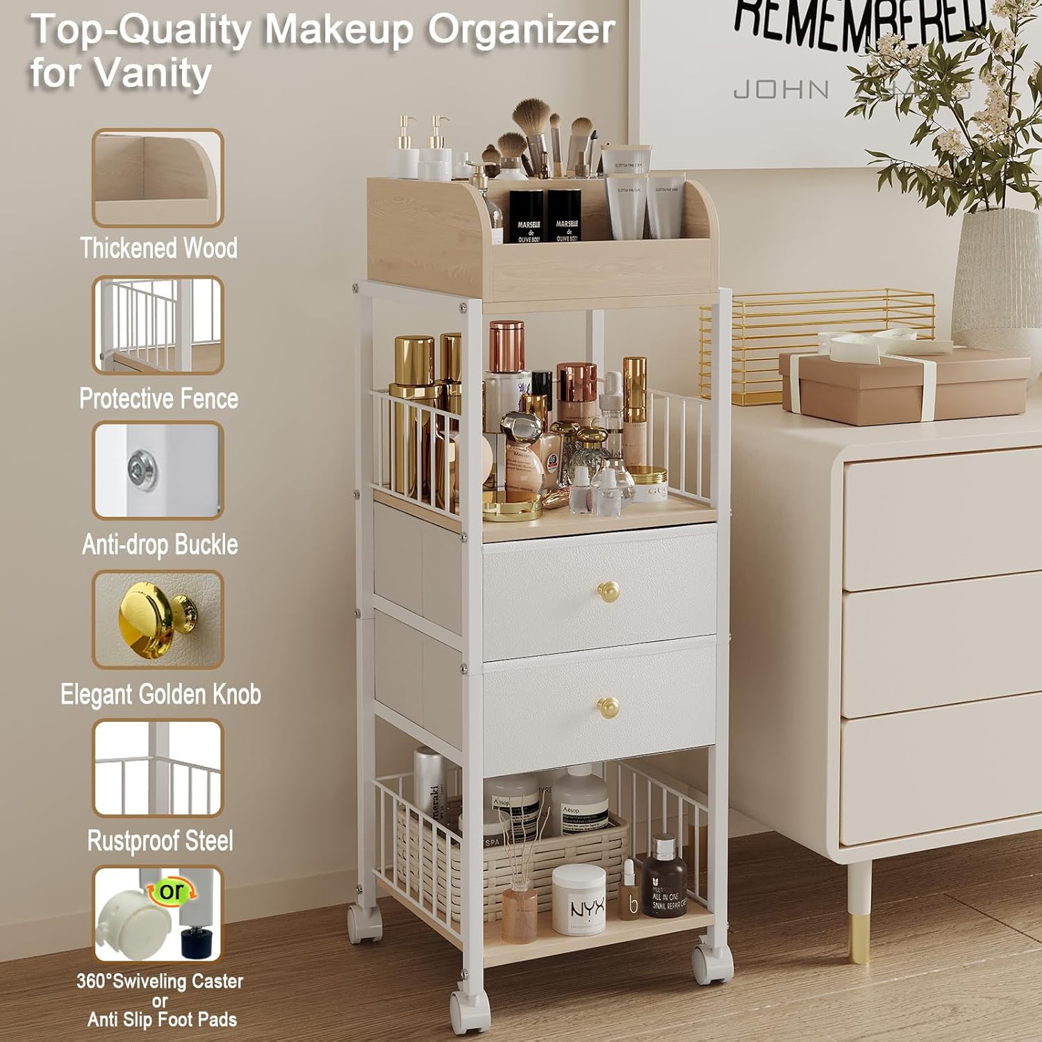 Floor Makeup Organizer Storage Cart - Rolling Makeup Cart with Drawers, Skincare Make Up Organizers and Storage, Cosmetics Display Cases Holder for Skin Care Nail Polish Perfume Makeup Brush (White)