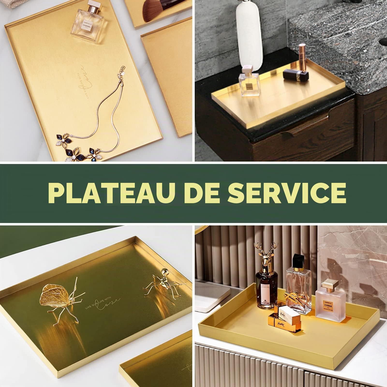 Plateau de Rangement Décoratif en Acier Inoxydable, Plateau Salle de Bain en Métal Rectangle Doré, Vaisselle de Cuisine pour Bijoux, Maquillage, Articles de Toilette, 30 x 20 cm