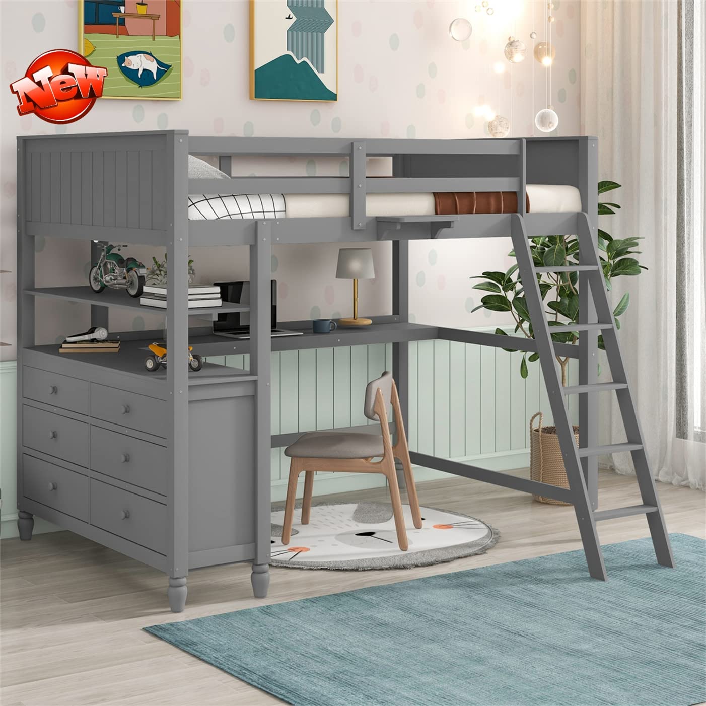 RUUTE Latest Upgraded & Stronger Solid Wood Full Loft Bed with Desk Underneath, Thickened Higher Quality Full Size Loft Bed Frame with Storage Drawers and Shelves (Easier to Assemble) (Grey)