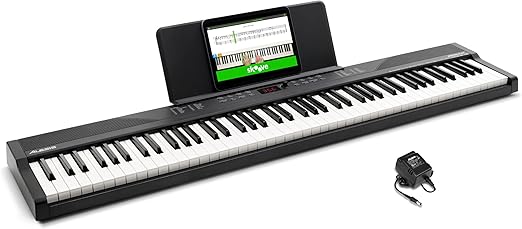 Alesis 88 Key Keyboard Piano with 480 Sounds, Speakers, USB MIDI, Sheet Music Tablet Rest, Power Adapter and Piano Lessons for Beginners