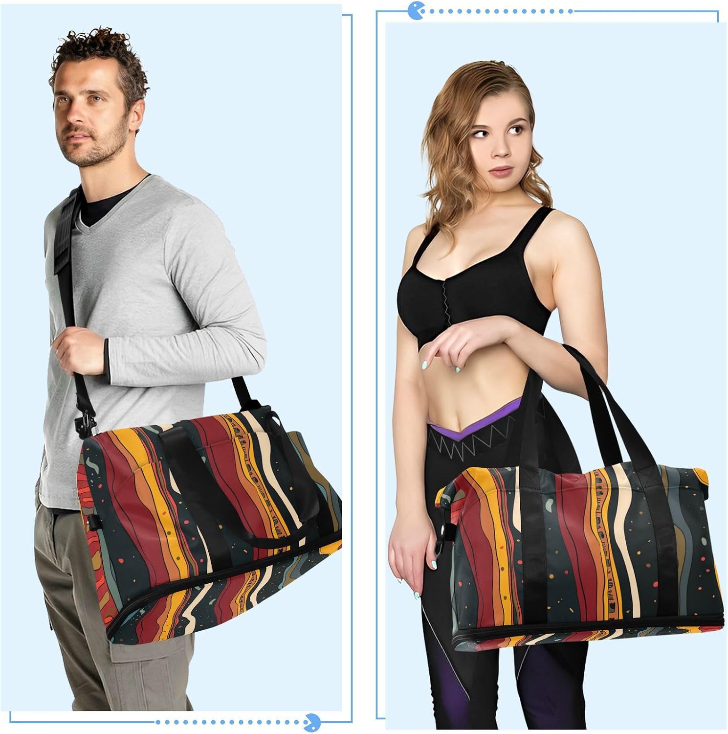 Colorful Vertical Stripe Sports Tote Gym Bag Carry On Personal Item Bag with Toiletry Bag for Hiking Large Capacity