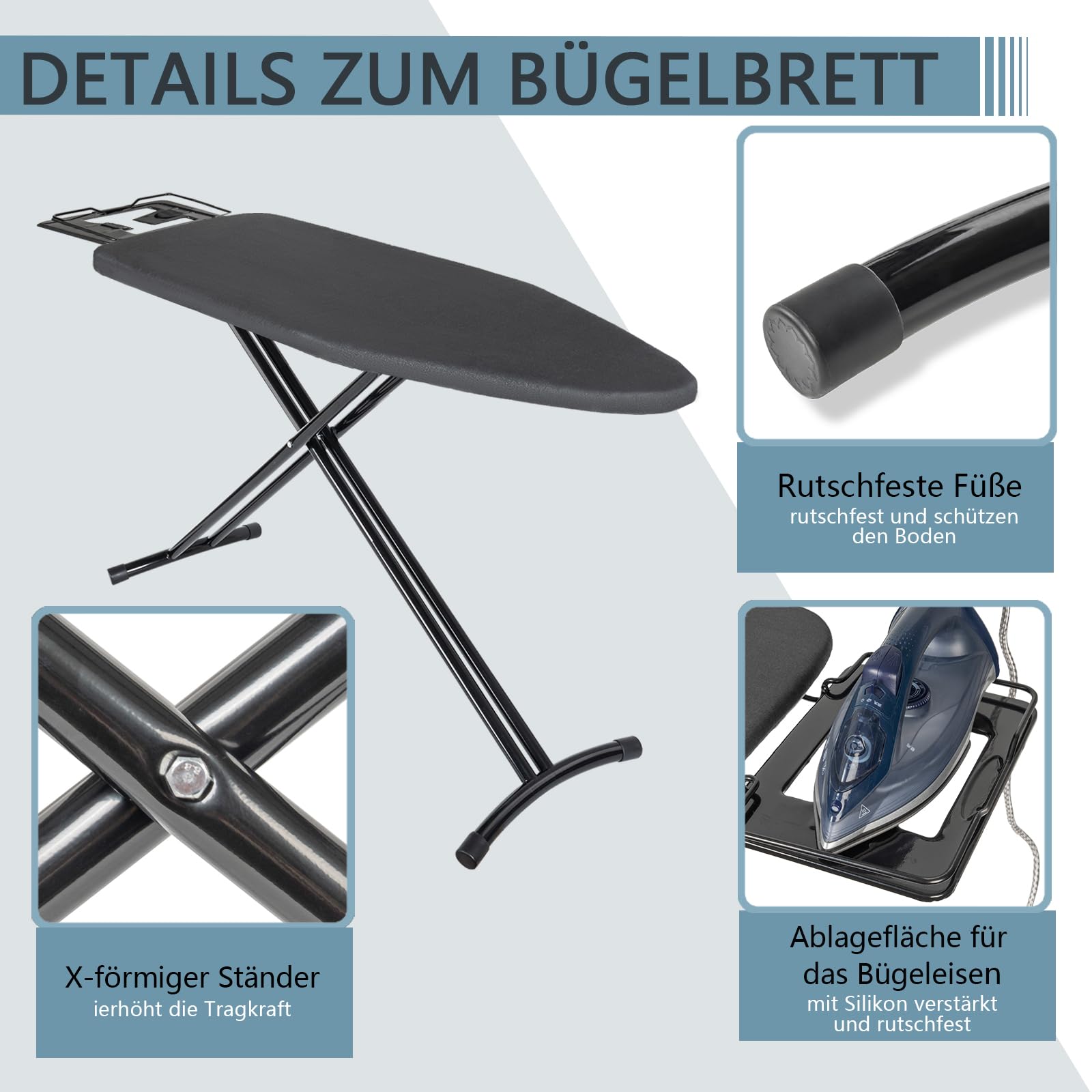 OUUTMEE Bügelbrett Klappbar mit Bügeleisenablage 110 x 30 cm, Zusammenklappbar, Höhenverstellbar, mit rutschfeste Füße, Platzsparend Schwarz (Schwarz)