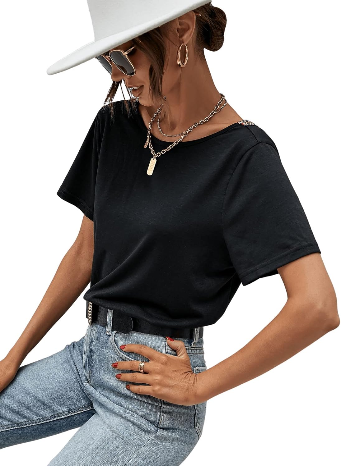 SweatyRocks Women's Contrast Panel V-Cut Back Short Sleeve Tee Shirts Crew Neck Backless T Shirt Casual Summer Top - Image 6