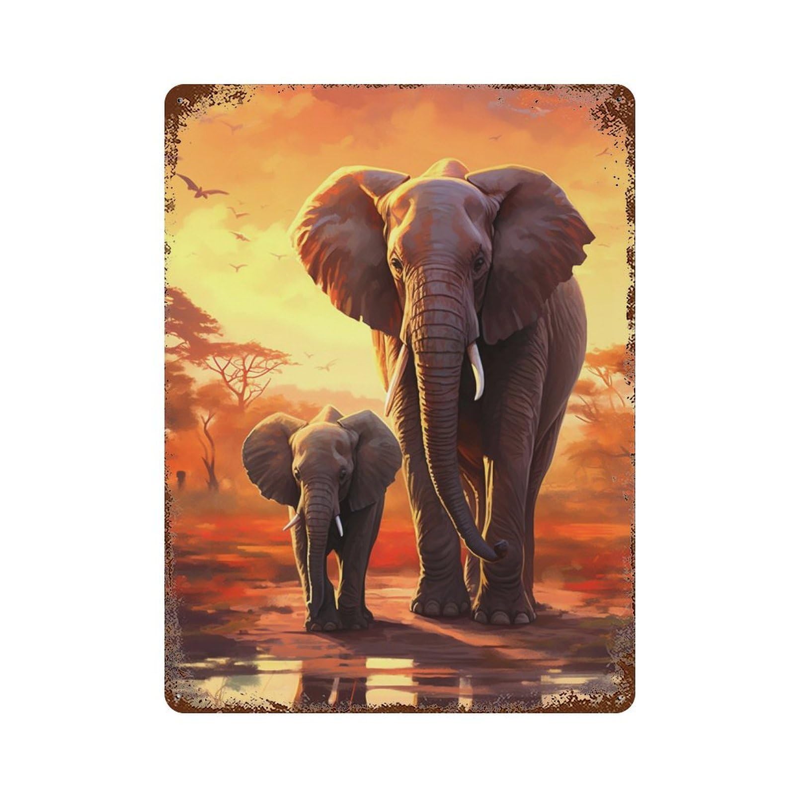 Rust Effect African Elephant Family Rusty Metal Tin Sign 15.7"x11.8", Industrial Home Decor for Living Room, Hallway And Home Decor