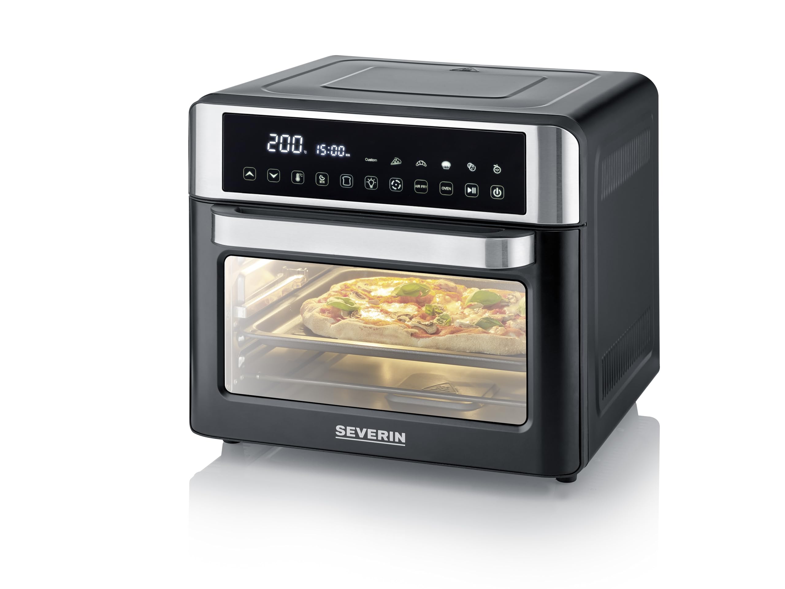 Severin Horno de sobremesa 2-en-1 tostador y freidora sin aceite, 25 L, con pantalla LED, temporizador y 12 programas automáticos; 40-220 °C, 2200 W, negro y plateado, TO 9579