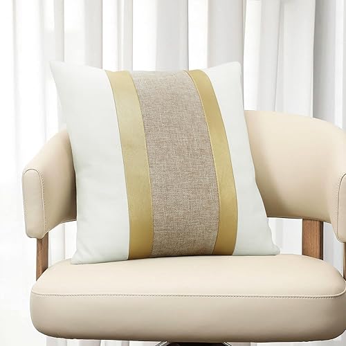 Miniatura 2 de Juego de 2 fundas de almohada de piel sintética y algodón de 18 x 18 pulgadas, fundas de almohada decorativas blancas y camello con retazos de rayas